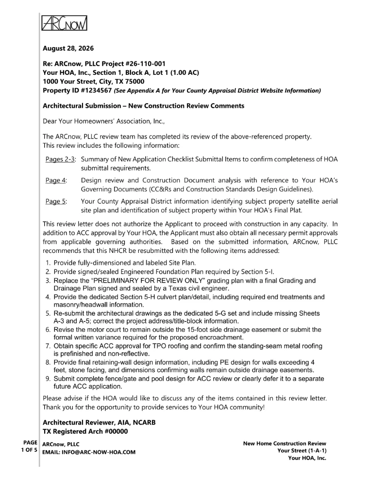 Sample ARCnow architectural review response letter