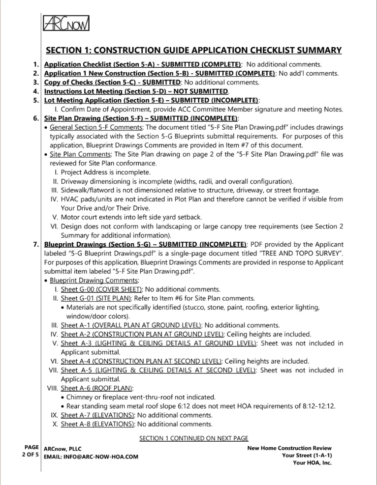 Sample HOA construction submission checklist